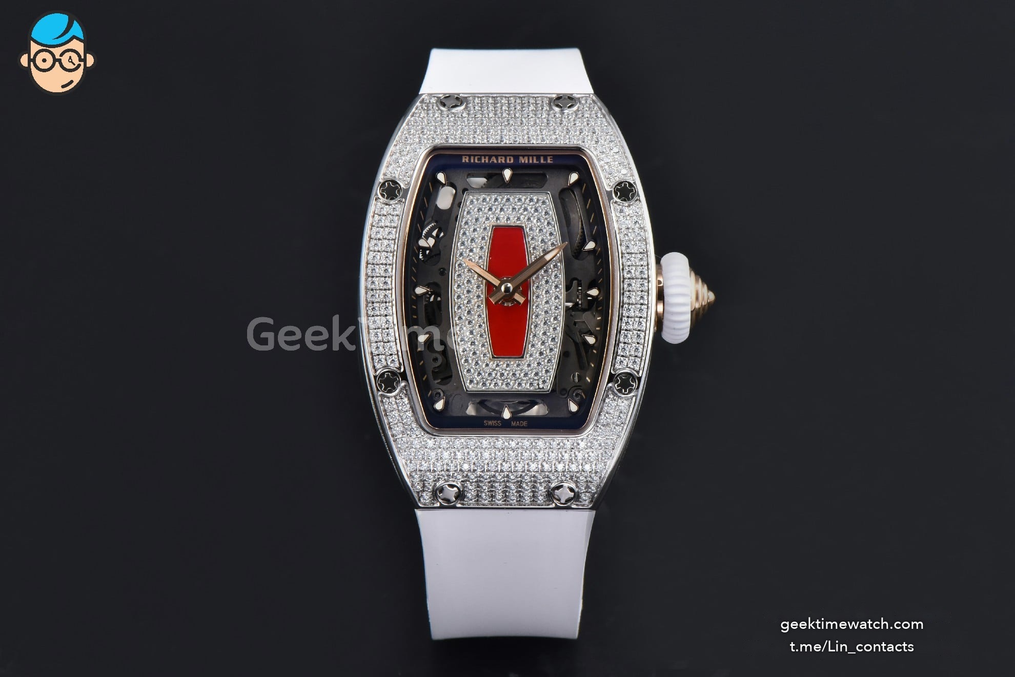 RM07-01 Ladies Diam ZF SS Diamond Paved Bezel Red/Diamonds Skeletonal Dial White Crown on White Rubber Strap CRMA2 Clone