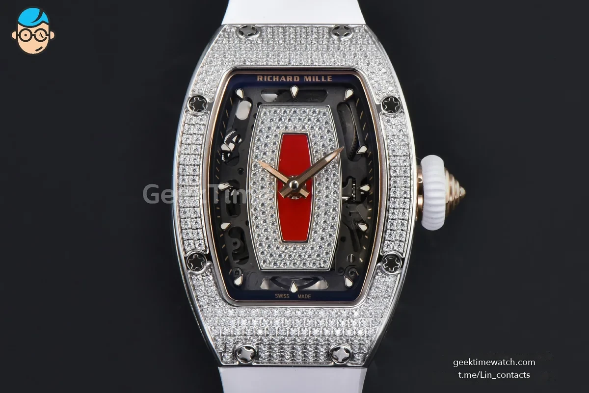 RM07-01 Ladies Diam ZF SS Diamond Paved Bezel Red/Diamonds Skeletonal Dial White Crown on White Rubber Strap CRMA2 Clone