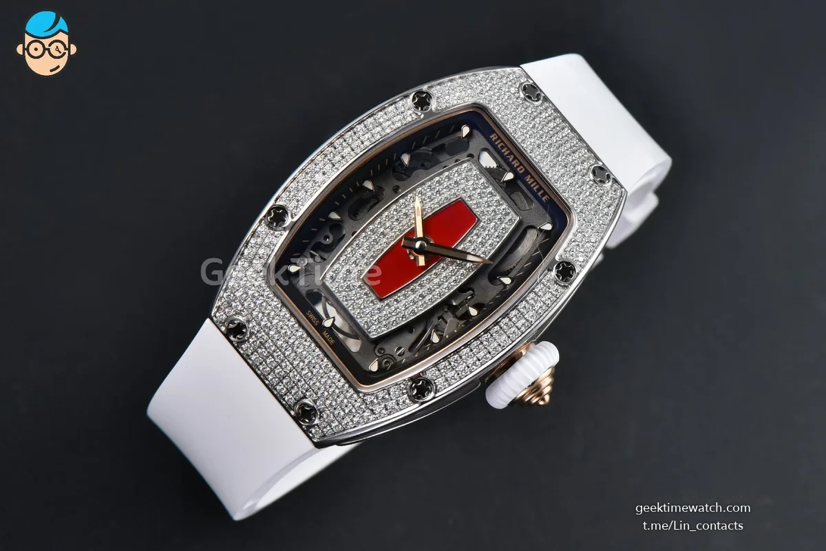 RM07-01 Ladies Diam ZF SS Diamond Paved Bezel Red/Diamonds Skeletonal Dial White Crown on White Rubber Strap CRMA2 Clone