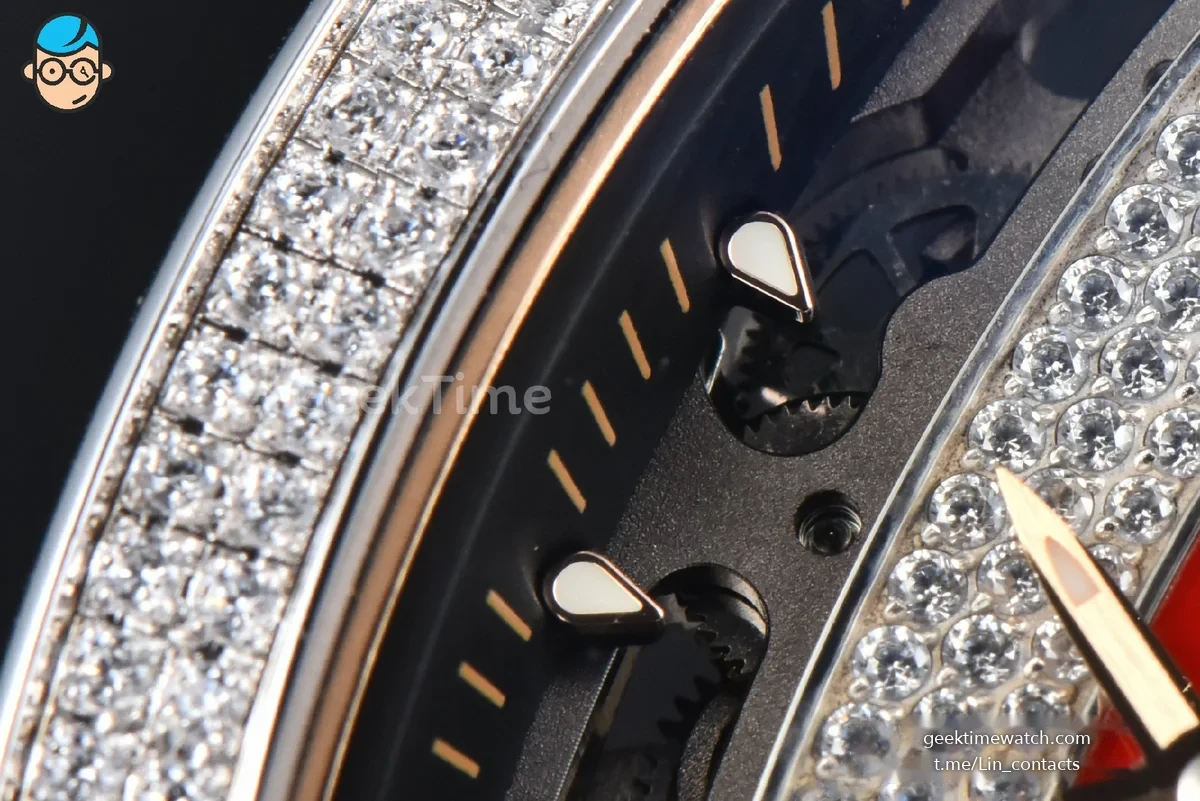 RM07-01 Ladies Diam ZF SS Diamond Paved Bezel Red/Diamonds Skeletonal Dial White Crown on White Rubber Strap CRMA2 Clone