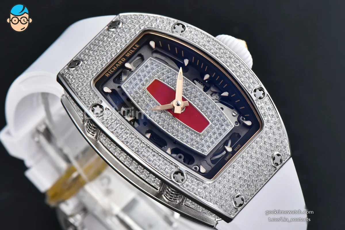 RM07-01 Ladies Diam ZF SS Diamond Paved Bezel Red/Diamonds Skeletonal Dial White Crown on White Rubber Strap CRMA2 Clone