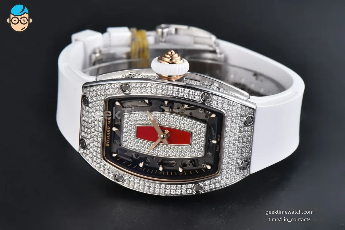 RM07-01 Ladies Diam ZF SS Diamond Paved Bezel Red/Diamonds Skeletonal Dial White Crown on White Rubber Strap CRMA2 Clone