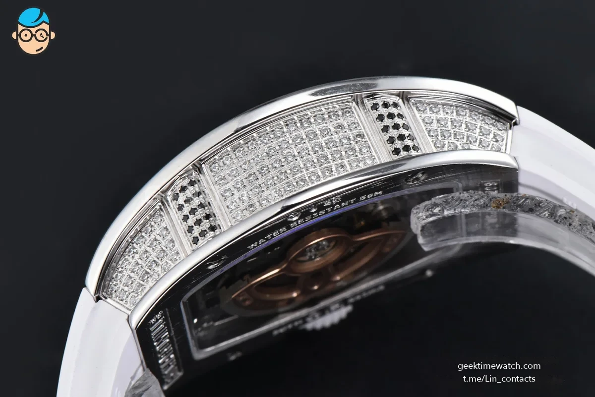 RM07-01 Ladies Diam ZF SS Diamond Paved Bezel Red/Diamonds Skeletonal Dial White Crown on White Rubber Strap CRMA2 Clone
