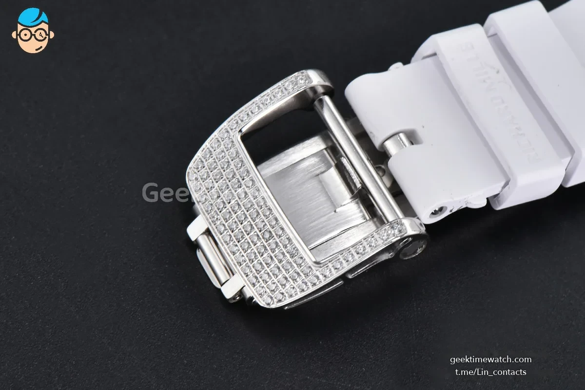 RM07-01 Ladies Diam ZF SS Diamond Paved Bezel Red/Diamonds Skeletonal Dial White Crown on White Rubber Strap CRMA2 Clone