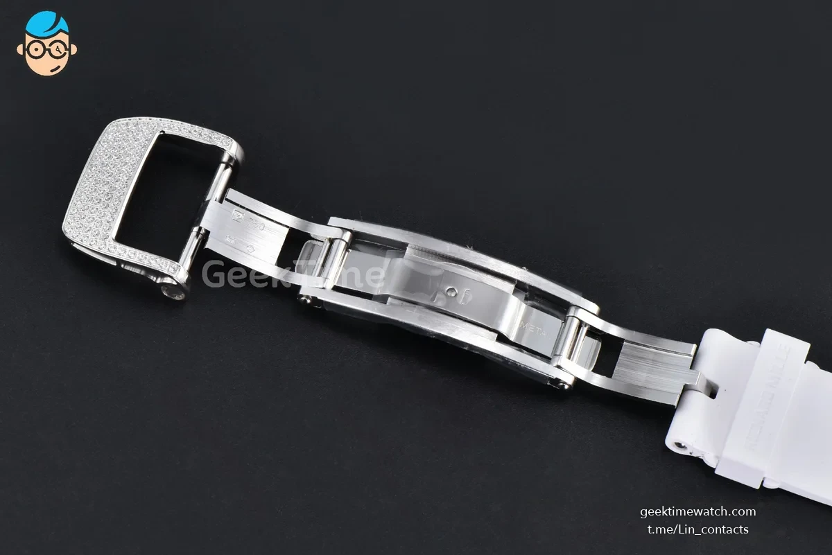 RM07-01 Ladies Diam ZF SS Diamond Paved Bezel Red/Diamonds Skeletonal Dial White Crown on White Rubber Strap CRMA2 Clone