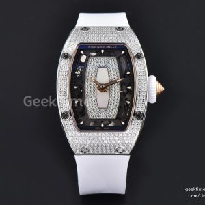 RM07-01 Ladies Diam ZF SS Diamond Paved Bezel White/Diamonds Skeletonal Dial White Crown on White Rubber Strap CRMA2 Clone