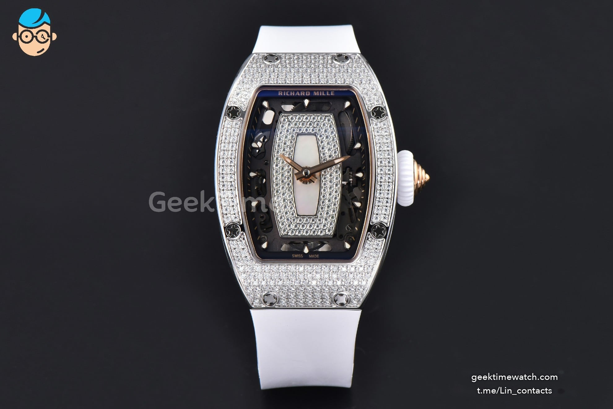 RM07-01 Ladies Diam ZF SS Diamond Paved Bezel White/Diamonds Skeletonal Dial White Crown on White Rubber Strap CRMA2 Clone