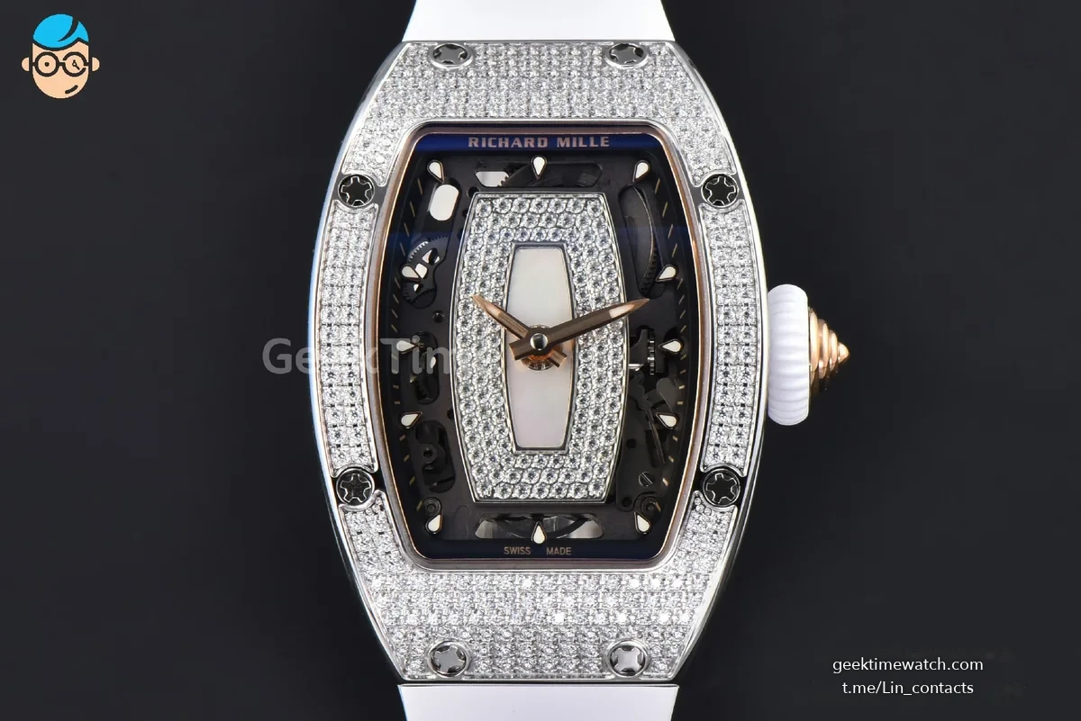 RM07-01 Ladies Diam ZF SS Diamond Paved Bezel White/Diamonds Skeletonal Dial White Crown on White Rubber Strap CRMA2 Clone