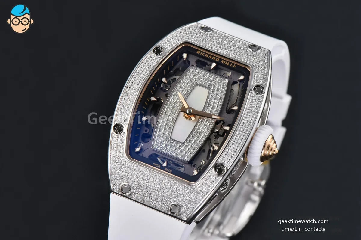 RM07-01 Ladies Diam ZF SS Diamond Paved Bezel White/Diamonds Skeletonal Dial White Crown on White Rubber Strap CRMA2 Clone