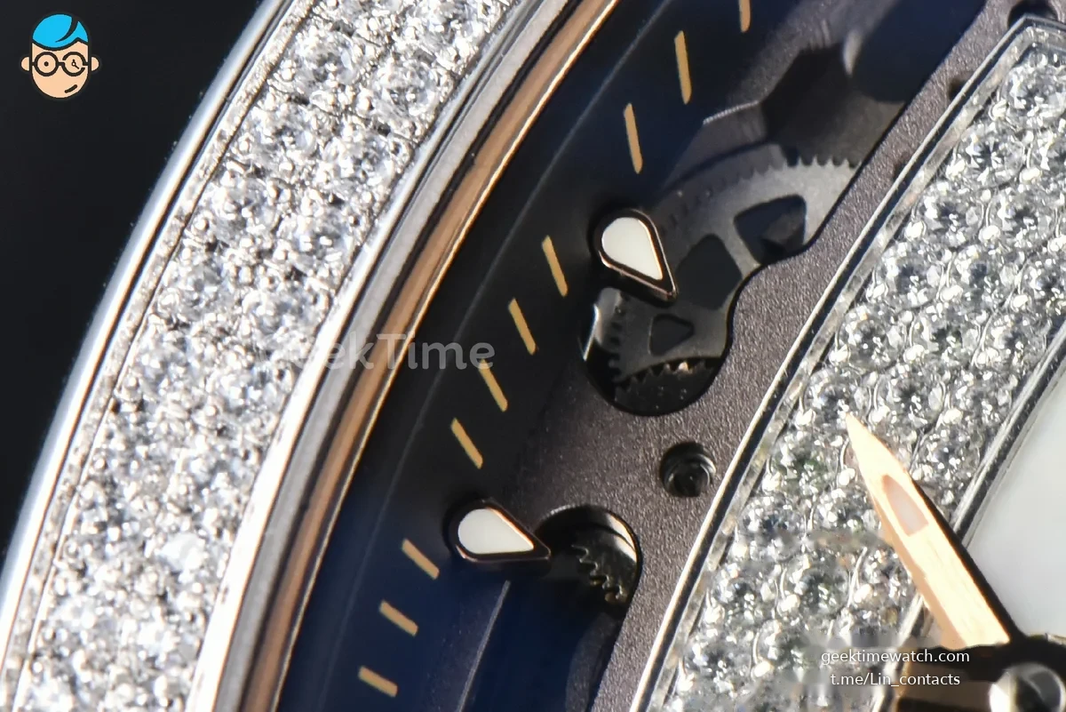 RM07-01 Ladies Diam ZF SS Diamond Paved Bezel White/Diamonds Skeletonal Dial White Crown on White Rubber Strap CRMA2 Clone