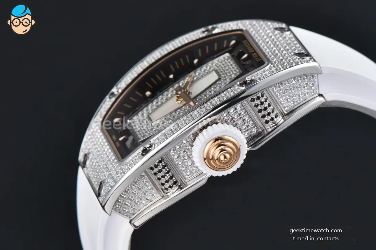 RM07-01 Ladies Diam ZF SS Diamond Paved Bezel White/Diamonds Skeletonal Dial White Crown on White Rubber Strap CRMA2 Clone