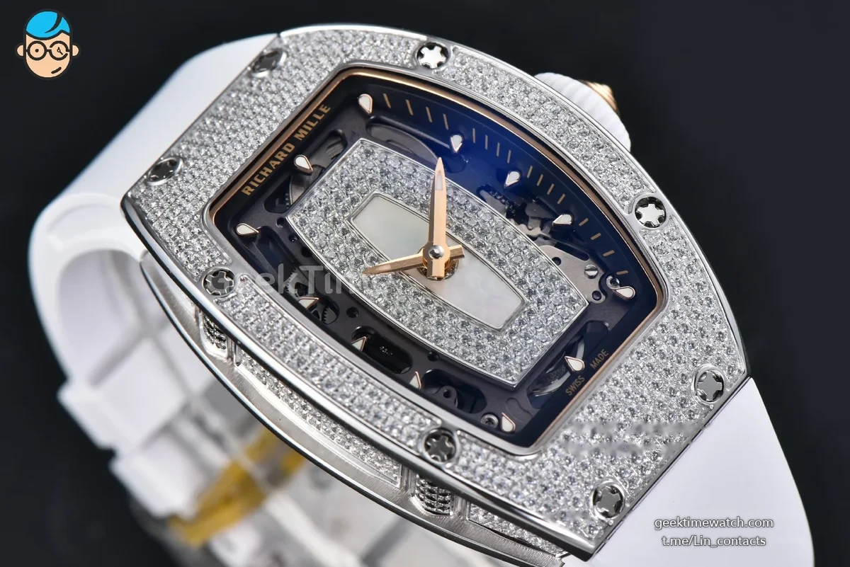 RM07-01 Ladies Diam ZF SS Diamond Paved Bezel White/Diamonds Skeletonal Dial White Crown on White Rubber Strap CRMA2 Clone