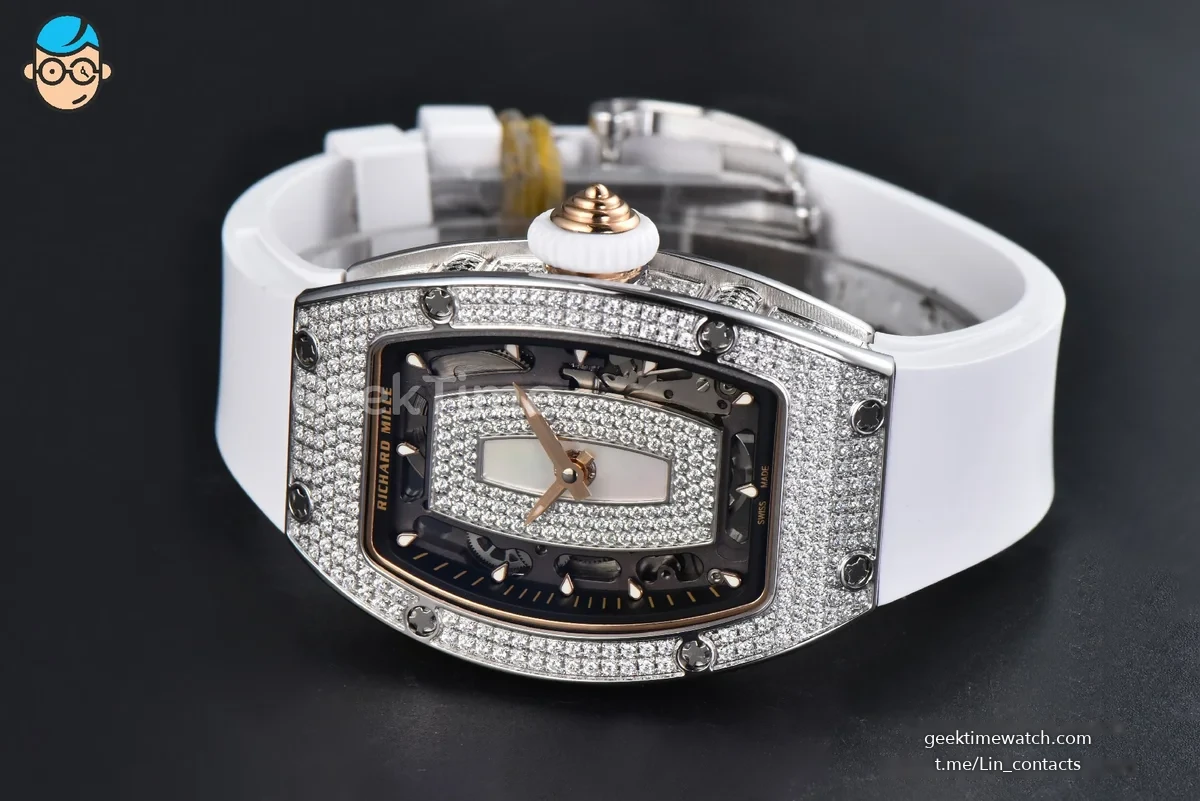 RM07-01 Ladies Diam ZF SS Diamond Paved Bezel White/Diamonds Skeletonal Dial White Crown on White Rubber Strap CRMA2 Clone