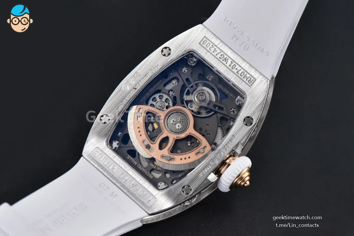 RM07-01 Ladies Diam ZF SS Diamond Paved Bezel White/Diamonds Skeletonal Dial White Crown on White Rubber Strap CRMA2 Clone