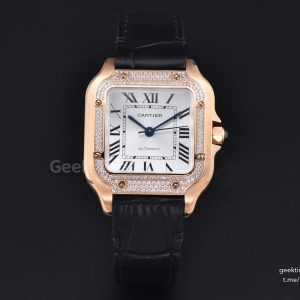 Santos de Cartier Medium 35mm RG AF White Dial Diamond Bezel Black Leather Strap MIYOTA 9015