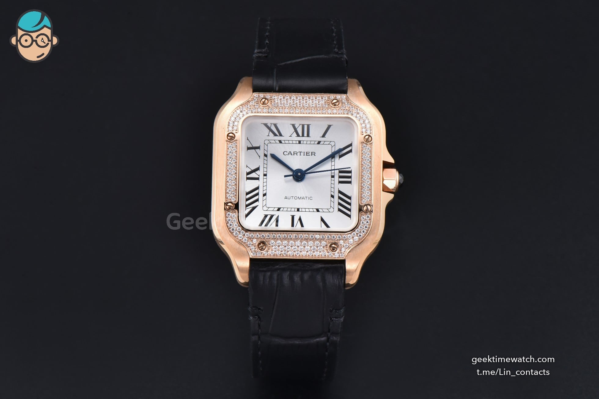 Santos de Cartier Medium 35mm RG AF White Dial Diamond Bezel Black Leather Strap MIYOTA 9015
