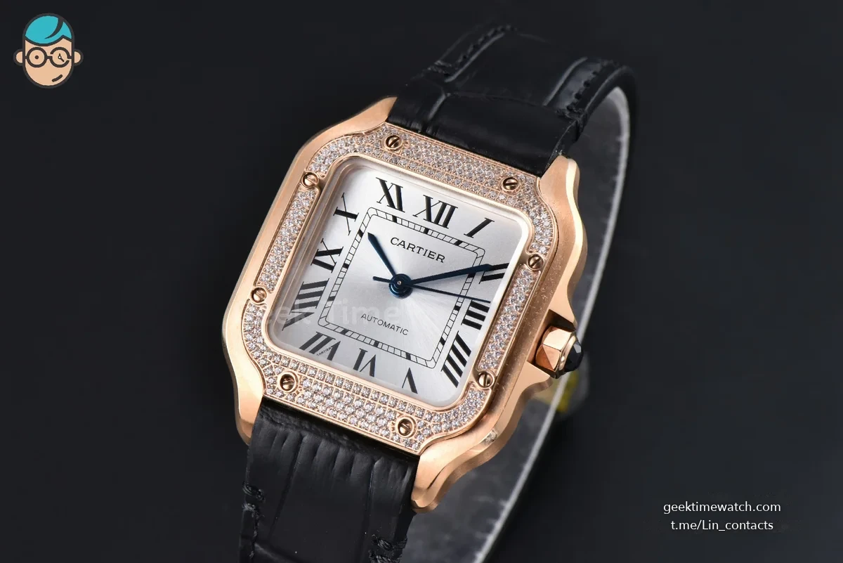 Santos de Cartier Medium 35mm RG AF White Dial Diamond Bezel Black Leather Strap MIYOTA 9015
