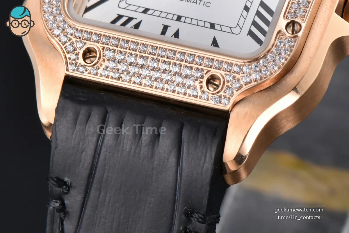 Santos de Cartier Medium 35mm RG AF White Dial Diamond Bezel Black Leather Strap MIYOTA 9015
