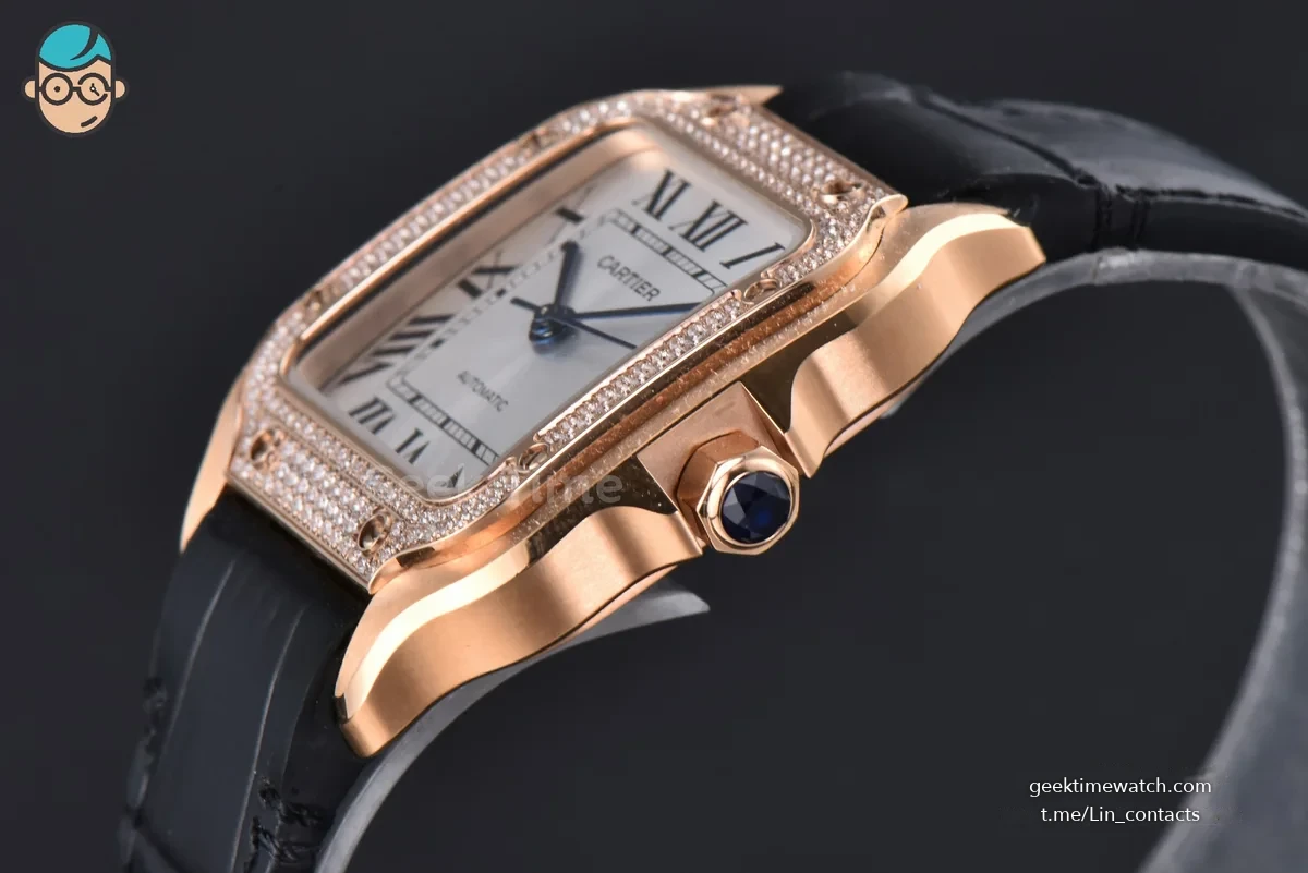 Santos de Cartier Medium 35mm RG AF White Dial Diamond Bezel Black Leather Strap MIYOTA 9015