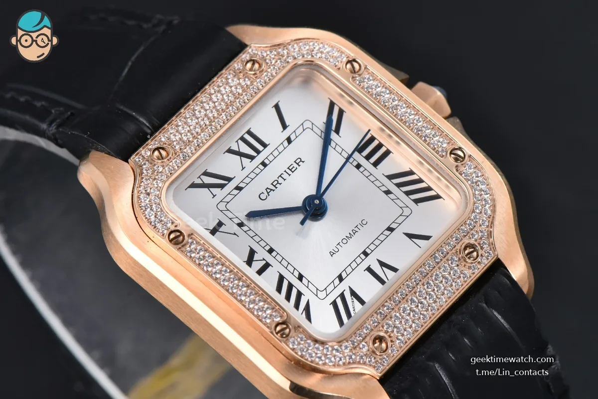 Santos de Cartier Medium 35mm RG AF White Dial Diamond Bezel Black Leather Strap MIYOTA 9015