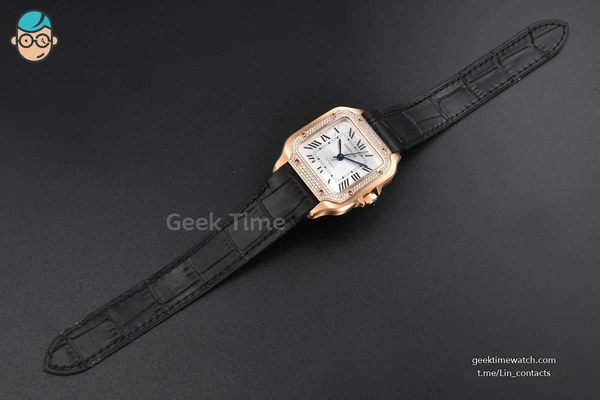 Santos de Cartier Medium 35mm RG AF White Dial Diamond Bezel Black Leather Strap MIYOTA 9015