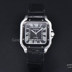 Santos de Cartier Medium 35mm SS AF Black Dial Black Bezel Black Leather Strap MIYOTA 9015