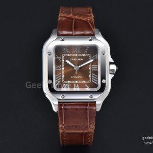 Santos de Cartier Medium 35mm SS AF Brown Dial Brown Leather Strap MIYOTA 9015