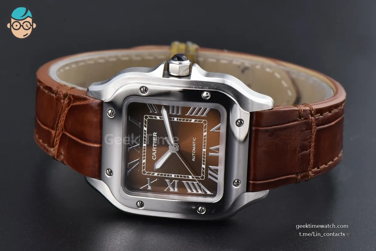 Santos de Cartier Medium 35mm SS AF Brown Dial Brown Leather Strap MIYOTA 9015