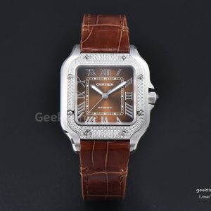 Santos de Cartier Medium 35mm SS AF Brown Dial Diamond Bezel Brown Leather Strap MIYOTA 9015
