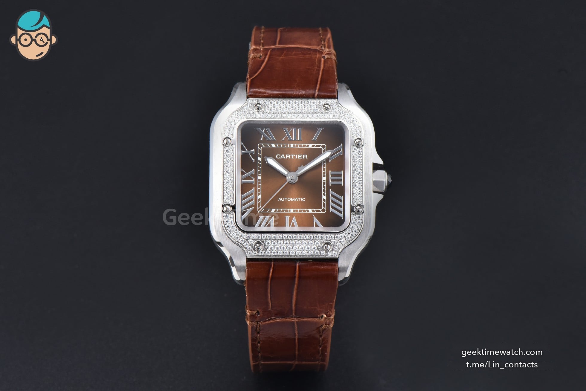 Santos de Cartier Medium 35mm SS AF Brown Dial Diamond Bezel Brown Leather Strap MIYOTA 9015