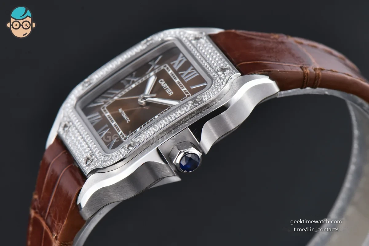 Santos de Cartier Medium 35mm SS AF Brown Dial Diamond Bezel Brown Leather Strap MIYOTA 9015