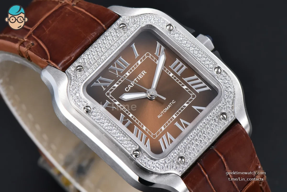 Santos de Cartier Medium 35mm SS AF Brown Dial Diamond Bezel Brown Leather Strap MIYOTA 9015