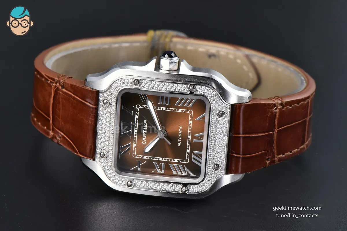 Santos de Cartier Medium 35mm SS AF Brown Dial Diamond Bezel Brown Leather Strap MIYOTA 9015
