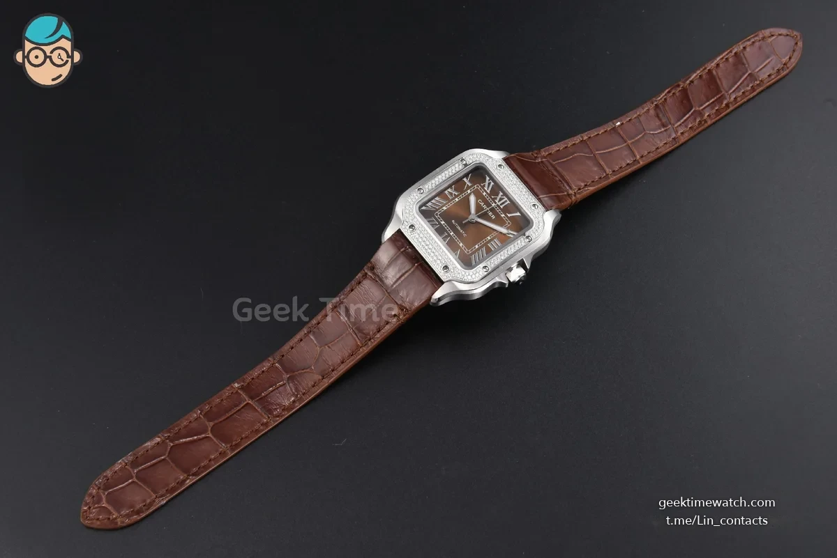 Santos de Cartier Medium 35mm SS AF Brown Dial Diamond Bezel Brown Leather Strap MIYOTA 9015