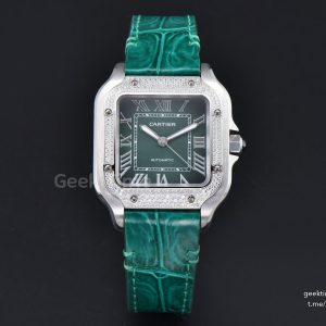 Santos de Cartier Medium 35mm SS AF Green Dial Diamond Bezel Green Leather Strap MIYOTA 9015