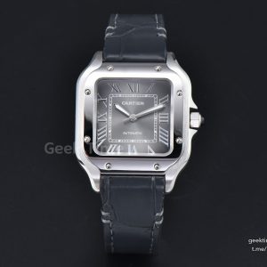 Santos de Cartier Medium 35mm SS AF Grey Dial Black Leather Strap MIYOTA 9015