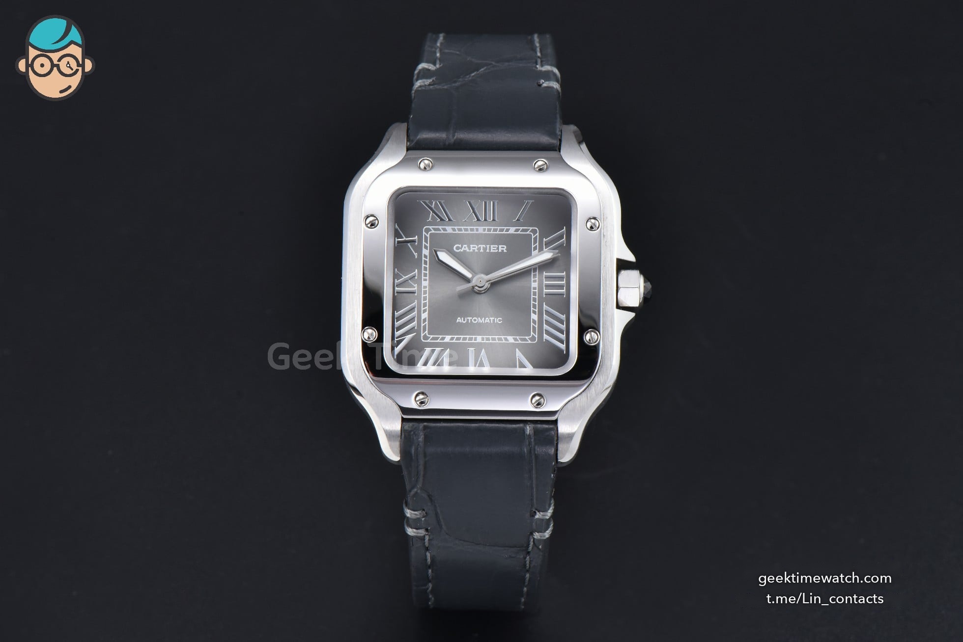 Santos de Cartier Medium 35mm SS AF Grey Dial Black Leather Strap MIYOTA 9015