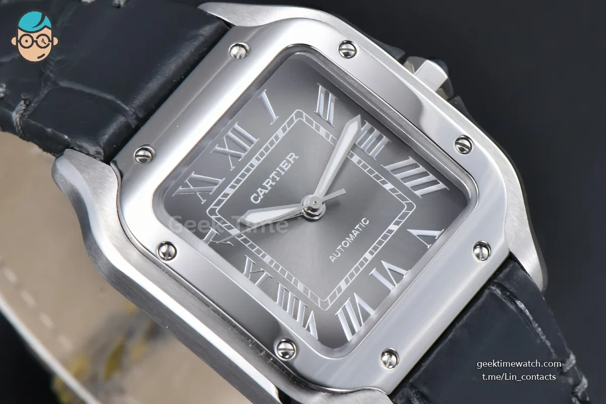Santos de Cartier Medium 35mm SS AF Grey Dial Black Leather Strap MIYOTA 9015