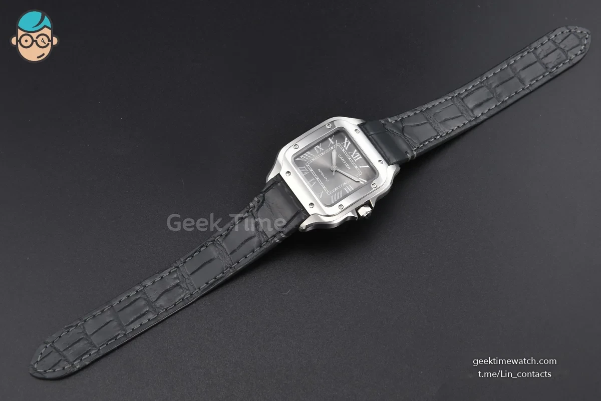 Santos de Cartier Medium 35mm SS AF Grey Dial Black Leather Strap MIYOTA 9015