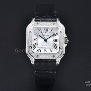 Santos de Cartier Medium 35mm SS AF White Dial Diamond Bezel Black Leather Strap MIYOTA 9015