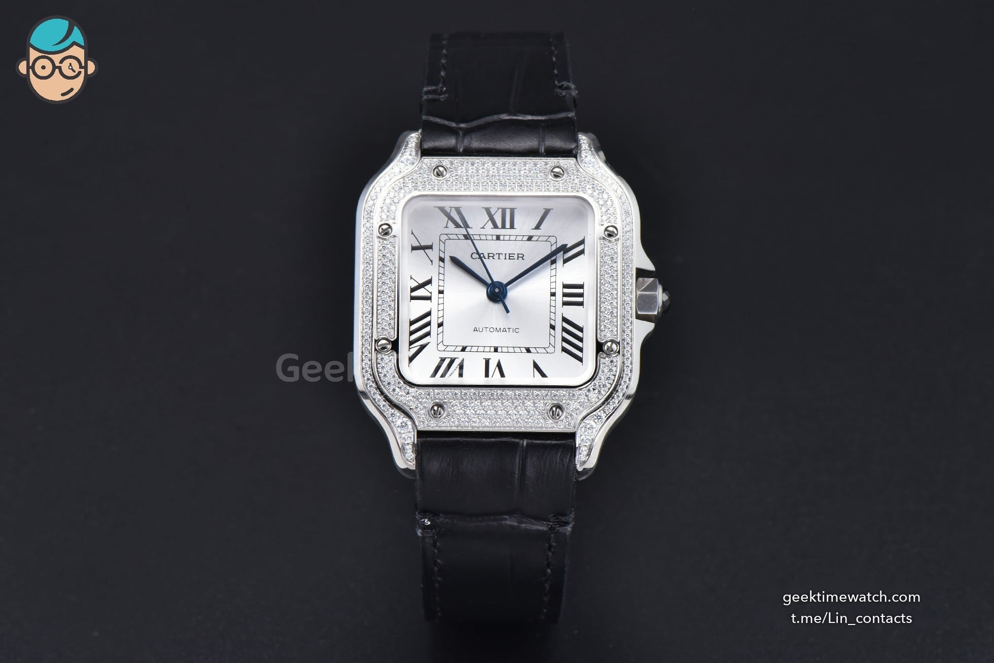 Santos de Cartier Medium 35mm SS AF White Dial Diamond Bezel Black Leather Strap MIYOTA 9015