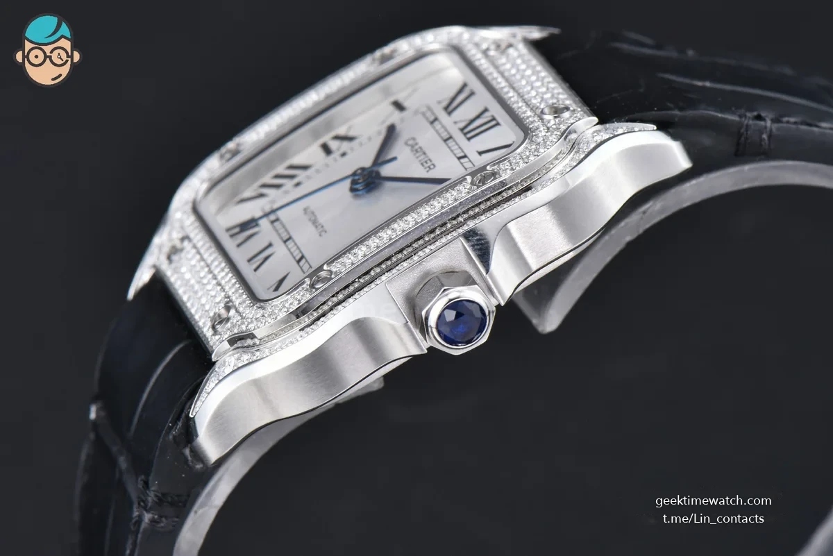 Santos de Cartier Medium 35mm SS AF White Dial Diamond Bezel Black Leather Strap MIYOTA 9015