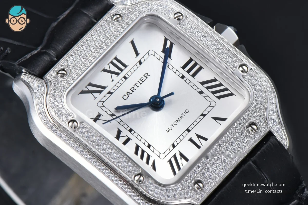 Santos de Cartier Medium 35mm SS AF White Dial Diamond Bezel Black Leather Strap MIYOTA 9015