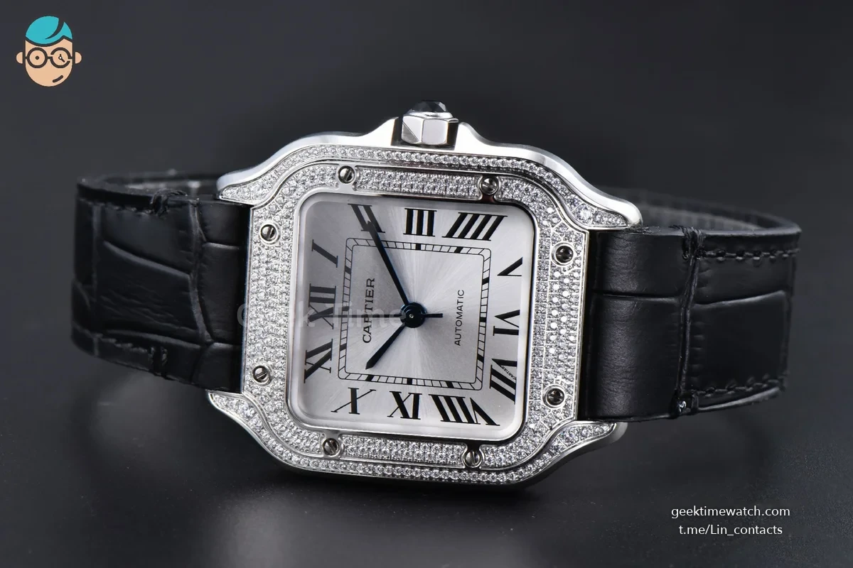 Santos de Cartier Medium 35mm SS AF White Dial Diamond Bezel Black Leather Strap MIYOTA 9015