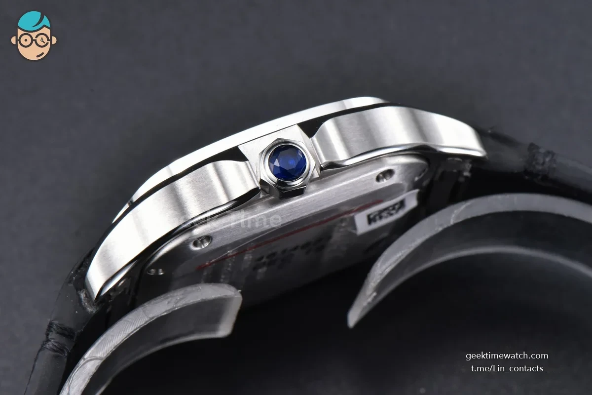 Santos de Cartier Medium 35mm SS AF White Dial Diamond Bezel Black Leather Strap MIYOTA 9015