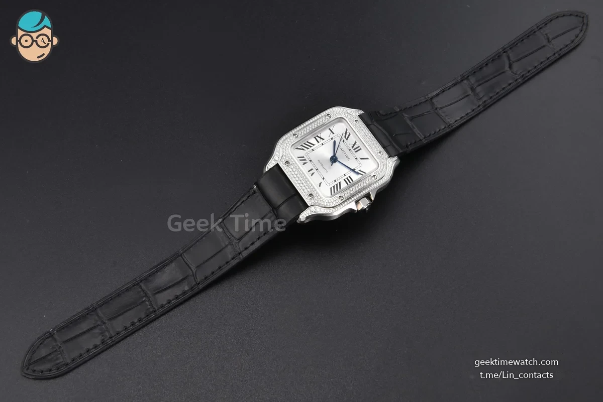 Santos de Cartier Medium 35mm SS AF White Dial Diamond Bezel Black Leather Strap MIYOTA 9015