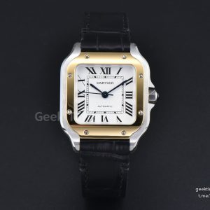 Santos de Cartier Medium 35mm SS AF White Dial YG Bezel Black Leather Strap MIYOTA 9015