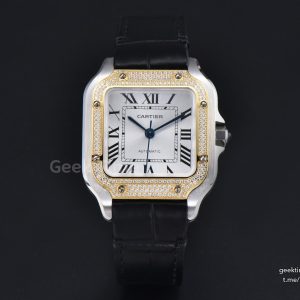 Santos de Cartier Medium 35mm SS AF White Dial YG Diamond Bezel Black Leather Strap MIYOTA 9015