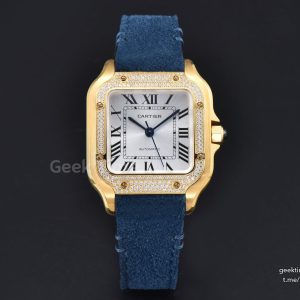 Santos de Cartier Medium 35mm YG AF White Dial Diamond Bezel Blue Leather Strap MIYOTA 9015
