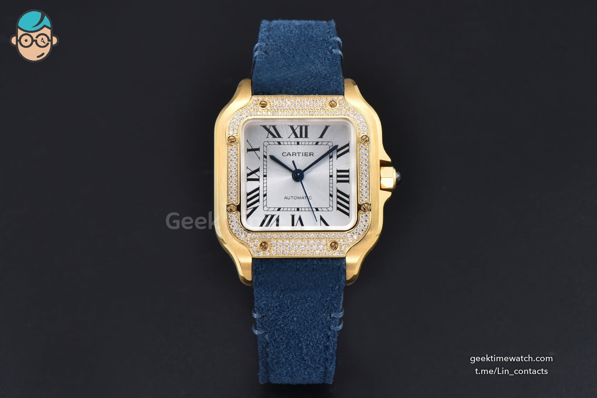 Santos de Cartier Medium 35mm YG AF White Dial Diamond Bezel Blue Leather Strap MIYOTA 9015